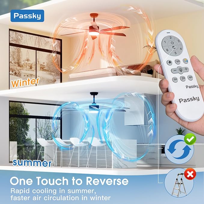 Passky 60 Inch Black Contemporary Ceiling Fans with Lights, Remote Control | 3CCT dimmable light, quiet DC motor, reversible airflow; black contemporary style for bedroom and living room
