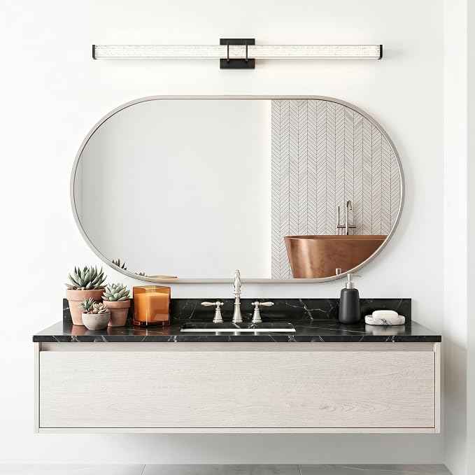 URSOLA 48" Modern LED Bathroom Light Fixtures, Matte Black 3CCT Dimmable Bathroom Vanity Light Over Mirror, Bathroom Vanity Bath Bar Lights with Crystal Acrylic Shade