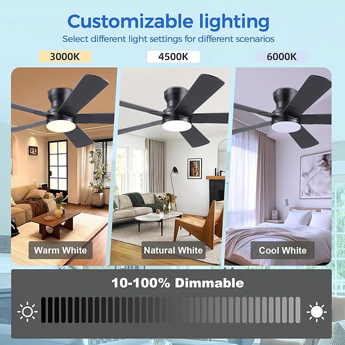 52" Black Ceiling Fans with Lights and Remote - Flush Mount Fan Light with 5 Reversible Blades, 3CCT Dimmable, DC, Low Profile Ceiling Fan for Modern Indoor, Covered Outdoor