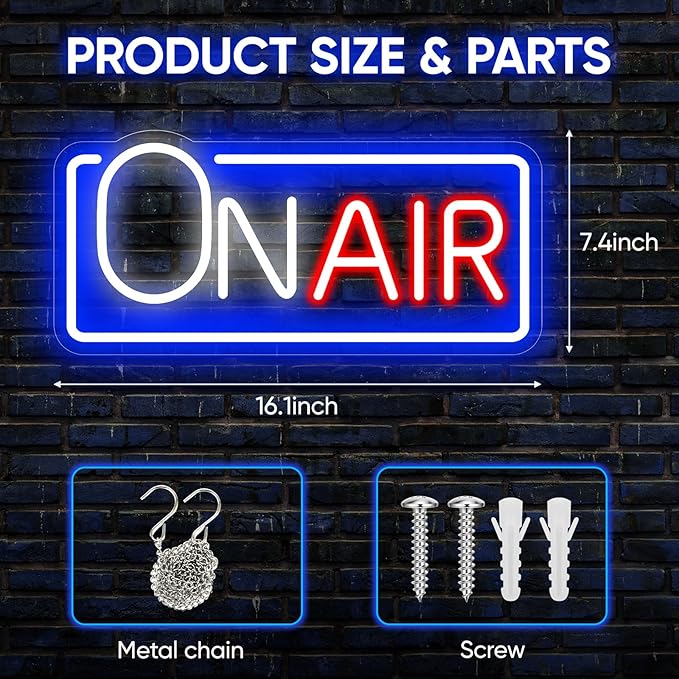 On Air LED Neon Sign, USB Powered Dimmable Decor Light for Music Recording Studio, Podcast Background, Bar Pub Club Garage, Home Party & Wall Decor, Perfect LED Gift (16.1" x 7.4")