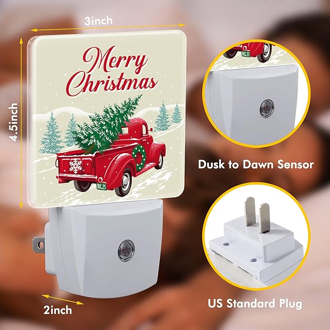Christmas Truck Rtetro Night Light,Plug into Wall with Dusk to Dawn Light Sensors,LED Nightlights for Bedroom,Bathroom,Kitchen,Hallway,Room Decor for Boys Girls Women Men