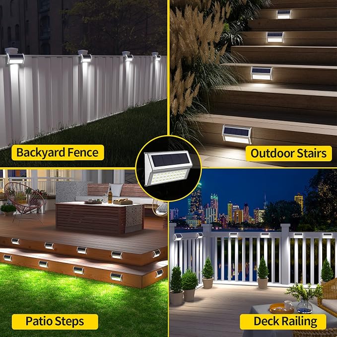 ROSHWEY Solar Lights Outdoor, 10 Pack 30 LED Fence Lights Waterproof Solar Powered Deck Post Lamps Stainless Steel Outside Step Lighting for Backyard Yard Walkway Stairs, Cool White Light