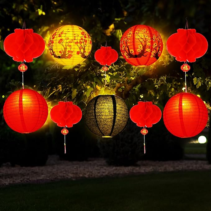Tuanse 30 Pcs Chinese Japanese Paper Lanterns with LED Light, 2026 Chinese Lunar New Year Decoration Cherry Blossom Red Hanging Lanterns for Spring Festival Home Decor(Multi Size,Red, White, Black)