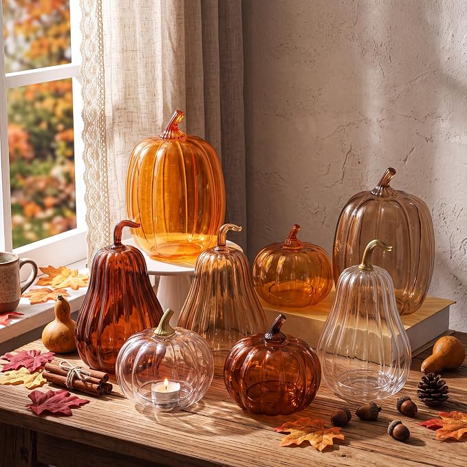 Yungyan Set of 3 Glass Pumpkin Lamp Shades Fall Decor,Orange | Pumpkin Candle Holder Rustic Thanksgiving Halloween Autumn Mantel Table Centerpiece Home Decoration, Lights Not Included