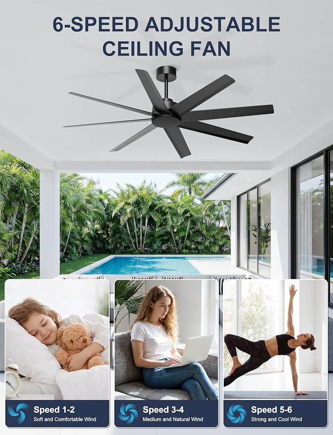 Ohniyou 60" Black Ceiling Fan No Light for Patio, Shop, Garage | Remote/App Control, Quiet DC Motor, Modern Covered Outdoor Fan with 8 ABS Blades