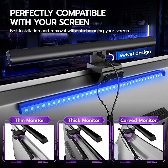 ARES WING Monitor Light Bar with Music Sync, 2-Bar 3-Source RGB Lightbar | 7 Modes Gaming Backlight, CCT Adjustable & Stepless Dimming Fronlight, Eye-Care Computer Light, USB Desk Lamp for Home Office