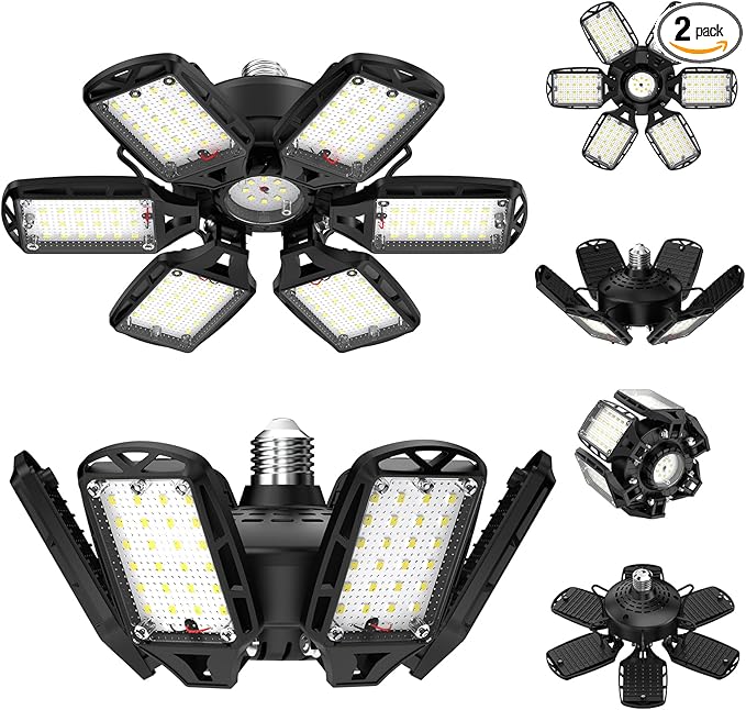LED Garage Lights 2 Pack, 18000LM 180W Deformable Shop Light with 6+1 Adjustable Panels, 6500K Daylight White Ceiling Light for E26 Base, Ideal for Garage/Basement/Barn
