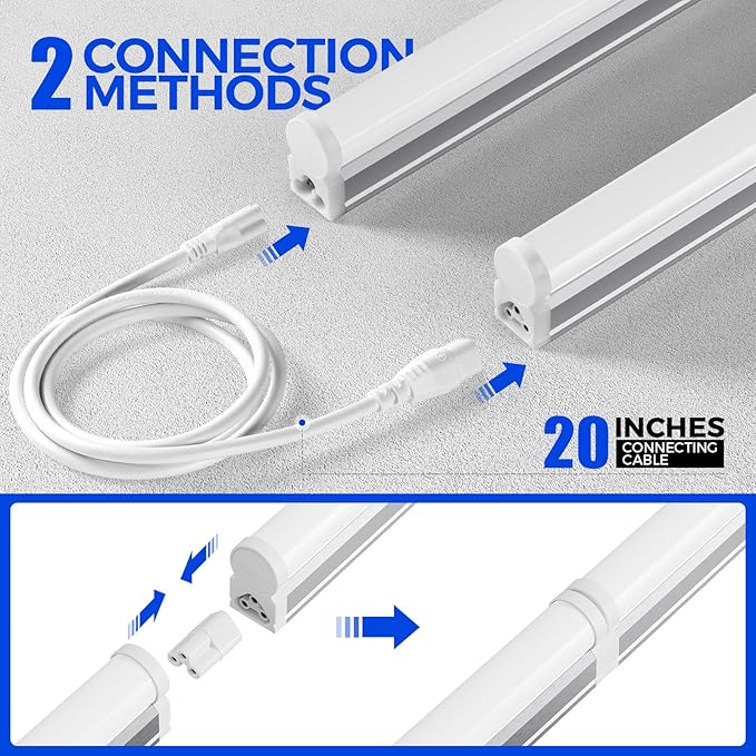 Barrina T5 LED Shop Light 2FT, 1100LM, 10W, 5000K (Daylight White), Linkable Ceiling and Under Cabinet Light, Corded Electric with Built-in ON/Off Switch, Shop Lights for Garage, 2 Packs