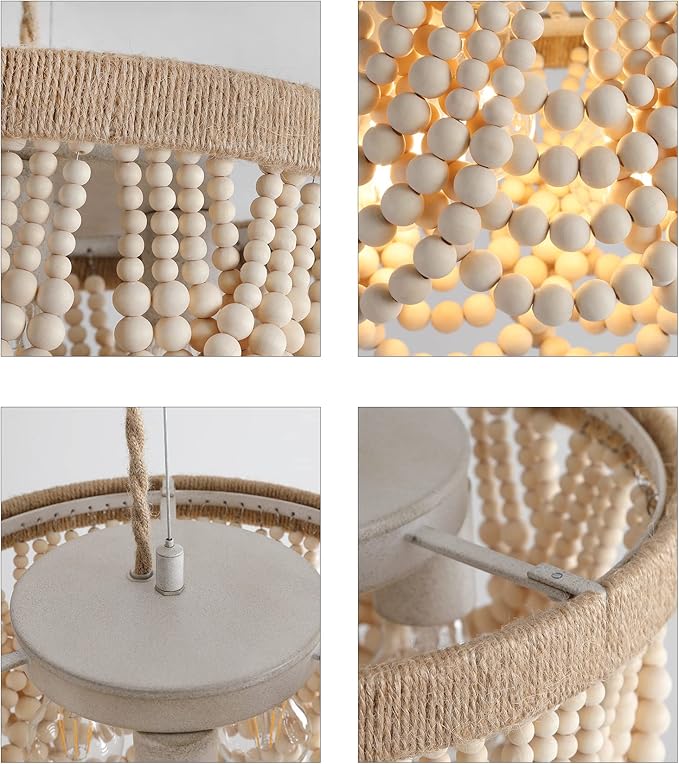 AMZASA Plug in Chandelier Boho Woven Hemp Rope Wooden Beaded Farmhosue Hanging Pendant Light Fixture with 14.8FT Cord On/Off Switch 3 Lights for Nursery Bedroom Living Room Dining Room UL Listed
