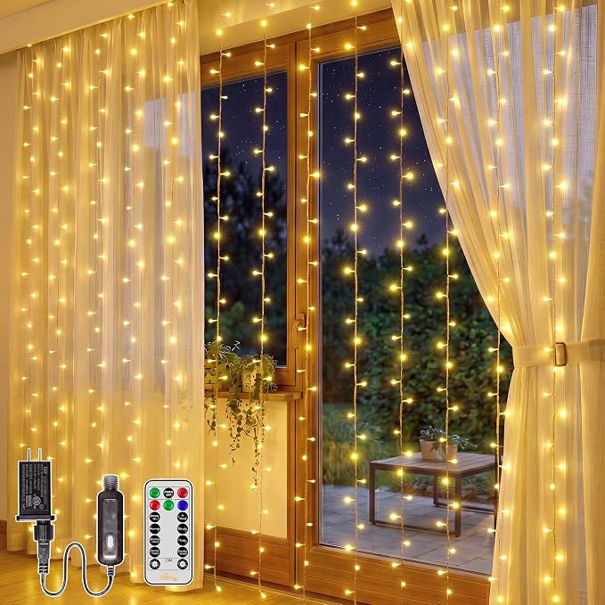 Ollny Curtain Lights 6.6x6.6ft, Plug in String Lights for Indoor Bedroom, 200 LED Connectable Fairy Light with Remote Timer 8 Modes, Waterproof Christmas Light for Outdoor Wedding, Warm White
