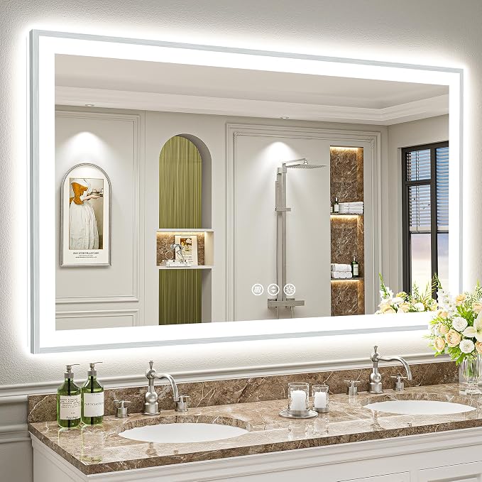 66x40 Inch Brushed Nickel LED Bathroom Mirror, Backlit & Front Lit | Silver Framed Anti-Fog Lighted Vanity Mirror with Lights, 3 Color Dimmable, Memory, HD Tempered Glass, CRI95, IP54, UL Listed