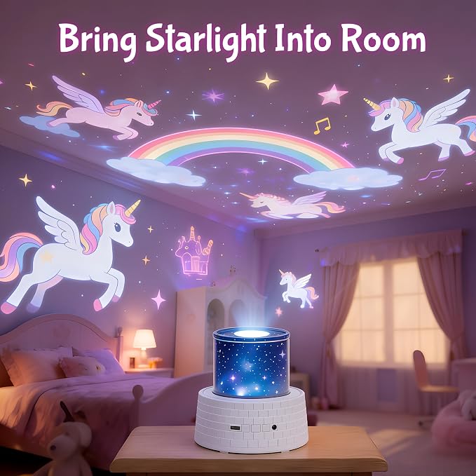 Princess Night Light for Kids - 360 Rotating Star Projector with 12 Music & 23 Films, Rechargeable 1800mAh Battery, Unicorn Lights for Girls Room, Kids' Birthday Gifts