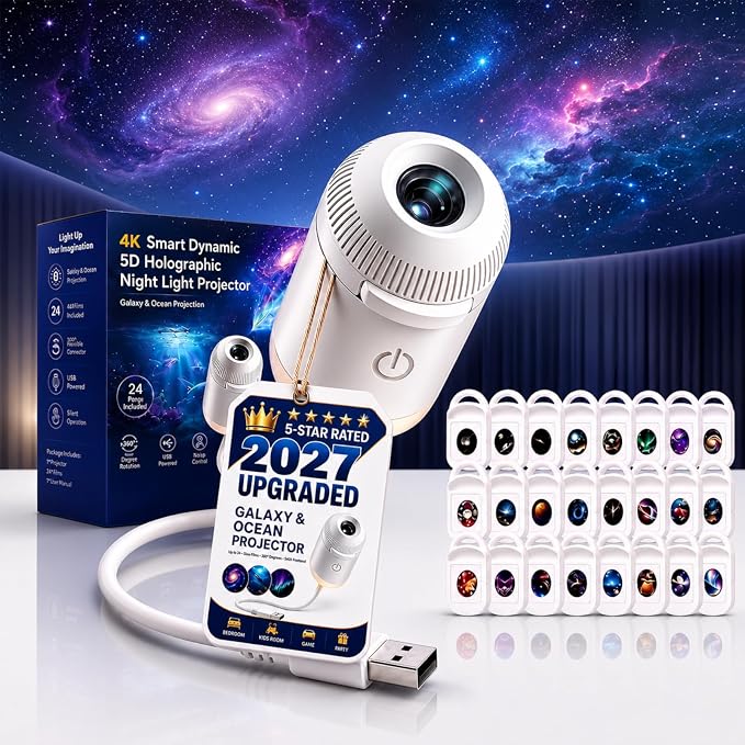 HD Smart Dynamic 5D Holographic Night Light Projector, 2-in-1 Galaxy Projector Night Light for Bedroom, Plug and Play HD Star Projector with 24 Ocean Films, 360° Rotating USB Ceiling Light (24PCS)
