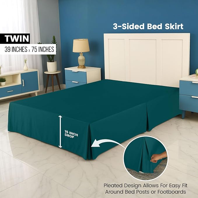 Twin Bed Skirt, Hides Under-Bed Storage 15 Inch Drop, Pleated, Teal | Easy Fit Design, Shrinkage & Fade Resistant, Hotel Style, Microfiber Durable Fabric, Machine Washable