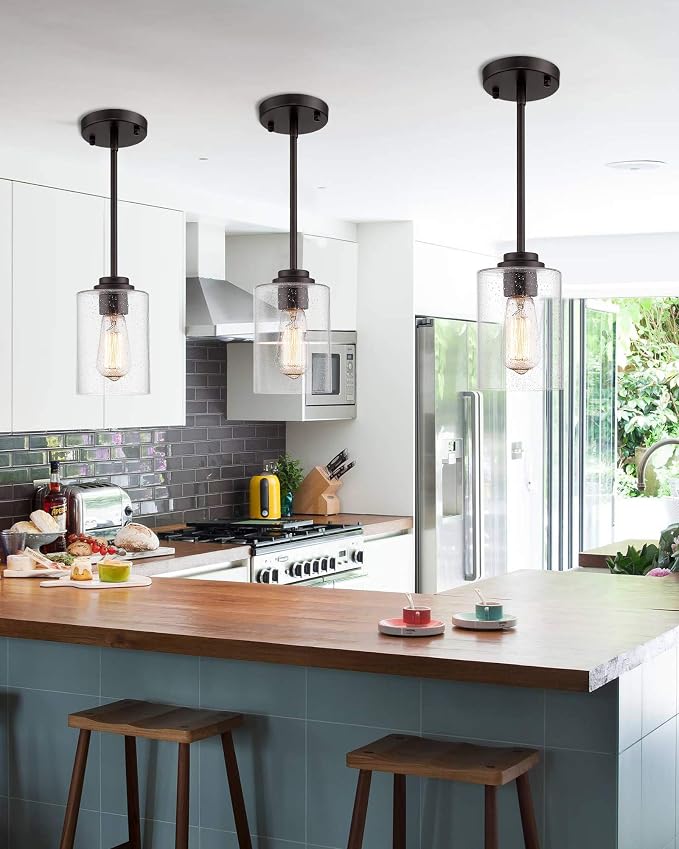 Beionxii Pendant Lights Kitchen Island, Farmhouse Pendant Light, 2 Pack | 4.7" Seeded Glass Pendant Light Fixture, Dark Bronze Finish, Hanging Light Fixtures for Kitchen Island Dining Room,9002-1H-2P