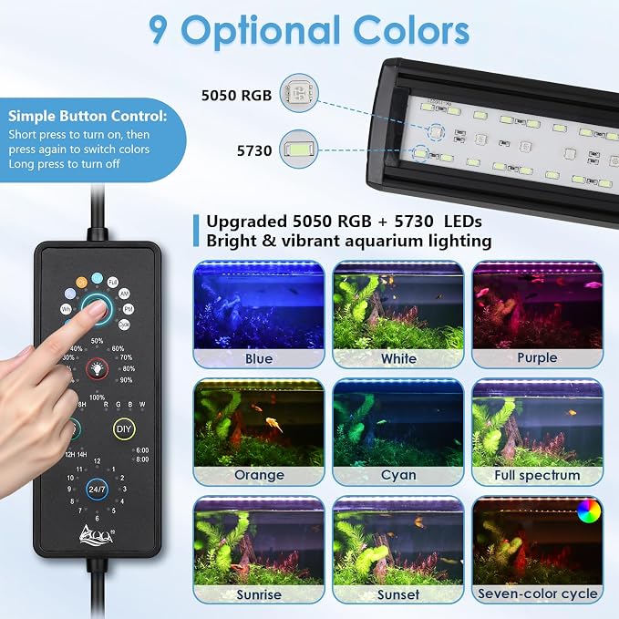 AQQA Clip On Aquarium Light for Plants Full Spectrum Fish Tank Light | with 24/7 Natural Mode & DIY RGBW Mode, 6 Timer Settings, 9 Color Options & 10 Dimmable Levels (12W for 7.9"-11.8" Tank)