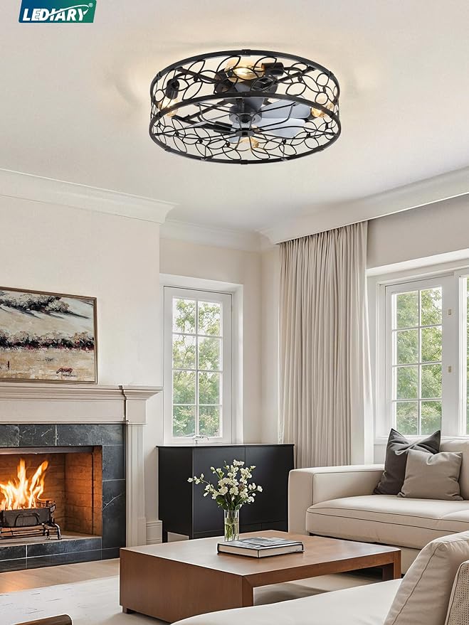 LEDIARY 23" Caged Ceiling Fan with Light, Flush Mount Fandalier with Remote | Low Profile, Farmhouse Large, Bladeless Industrial, Quiet DC Motor, App Control for Bedroom, Kitchen, Dining Room, Black