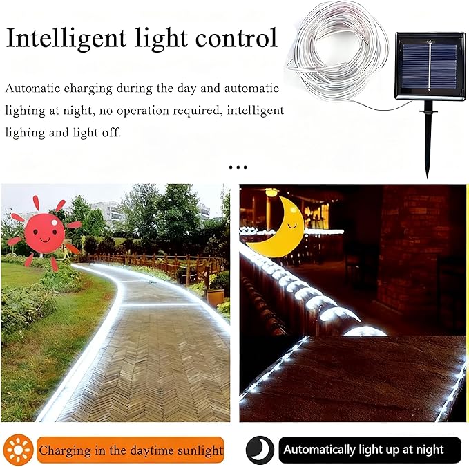 Solar Rope Lights Outdoor Waterproof, 66 Feet 200 LED 8 Modes Fairy Lights String Light, Cool White Tube Light with Solar Panel for Outside Garden Yard Patio Decoration