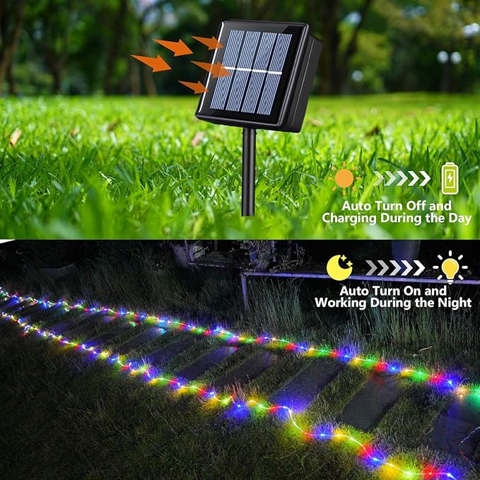 YEGUO Solar Rope Light Outdoor Waterproof, 66ft 200 LED Multicolor String Lights, 8 Modes Tube Christmas Lights in Clear Thin Tube
