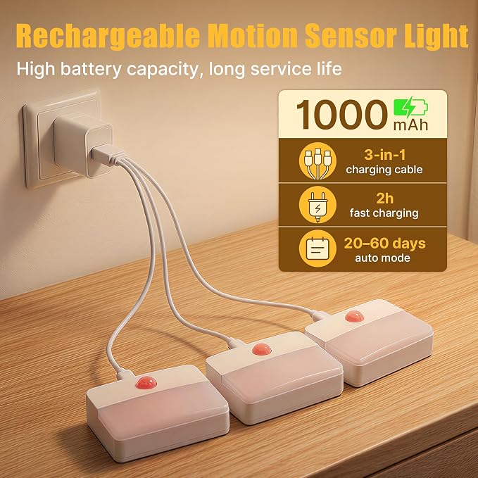 9 Pack Rechargeable Motion Sensor Stair Lights Indoor, Automatic Activated LED Night Light Wireless Battery Powered Portable Hallway Step Toilet Closet Lamp for Bedroom Kitchen