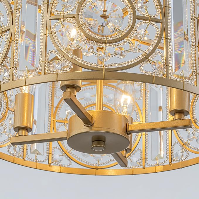 Vintage Crystal Round Chandelier 14.17" Gold Dining Room Chandelier Over Table 4-Lights Classic Drum Pendant Light Fixture for Living Room Kitchen Island Entryway.