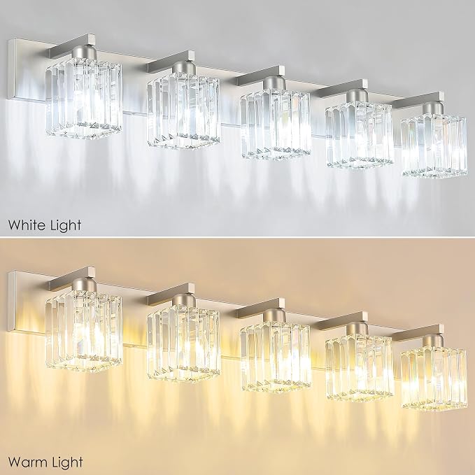 Aipsun Brushed Nickel Bathroom Lighting Fixtures 5 Light Vanity Light Crystal Modern Bathroom Vanity Light (Exclude Bulb)