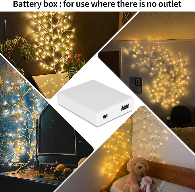 FNHMSL Enchanted Willow Vine Lights, 7.55FT 144LED 2 PCS White Tree Branch Lights for Wall, Remote Timer,8 Light Model,Bedroom Wall Doors Wedding, Christmas, USB Battery Box