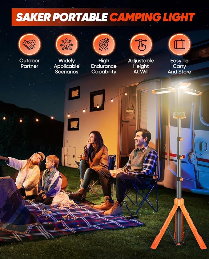 Saker Portable Camping Light with Stand 20000mAh 73.2" Work Light LD18 | Rechargeable,Adjustable Height,3200 Lumen 6500K Emergency Lights for Camping, Garage, Outdoor Work, Power Outages, Fishing