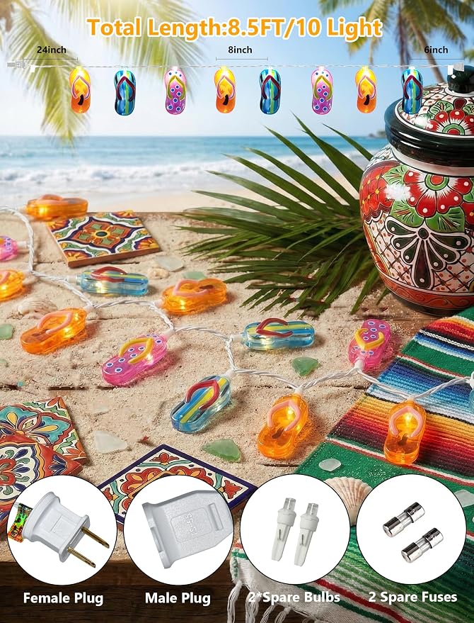 10 LED Tropical Beach Flip Flop Lights, 8.5Ft Slipper Camping String Lights | Plug in, Connectable, 10 Multicolor Hanging Fairy Lights, Summer Hawaiian Decoration for Outside Party Garden Home Decor