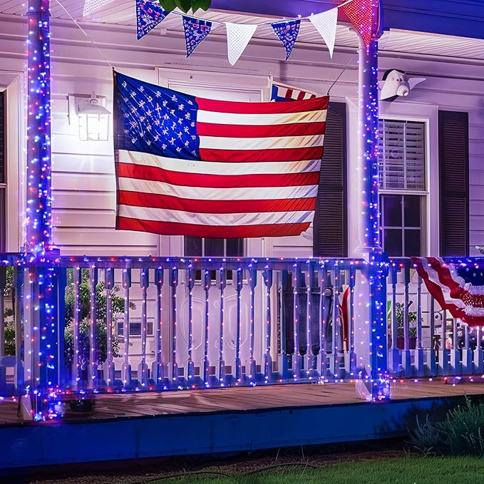 JMEXSUSS 4 Pack 50LED Red White Blue Fairy Lights Battery Operated, 16ft Battery Powered 4th of July Fairy Lights, Indoor Patriotic Lights for Independence Day 4th of July Decorations