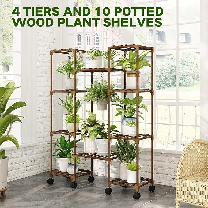 GENTINGBRO Plant Stand with Wheels Outdoor Indoor Hanging Plant Shelf for Multiple Plants Tall Large Holder for Living Room Patio Balcony Garden Corner Mobile
