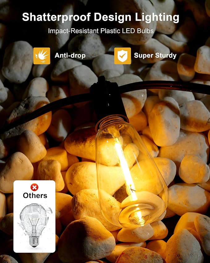 Patio String Lights 50FT LED, IP65 Waterproof ST38 Connectable Dimmable | Shatterproof PET, 27 Bulbs, Energy-Saving LED, for Garden, Backyard, Porch, Deck, Party, Cafe Decor