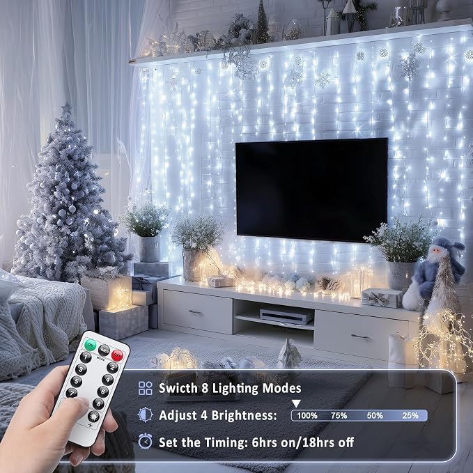 JMEXSUSS 200 LED White Curtain Lights, USB Powered, 6.5ft x 6.5ft | White Christmas Lights with Remote, 8 Modes Hanging String Lights for Bedroom Wall Wedding Party Backdrop Window Decor