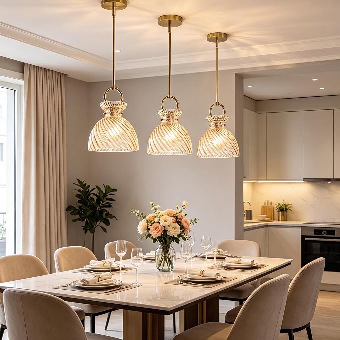 Gold Pendant Light Kitchen Island 9.84'' Striped Amber Glass Shade | Modern Pendant Lighting Over Sink, Adjustable Hanging Ceiling Light, E26 Dimmable Hardwired for Dining Room Hallway, 1-Pack