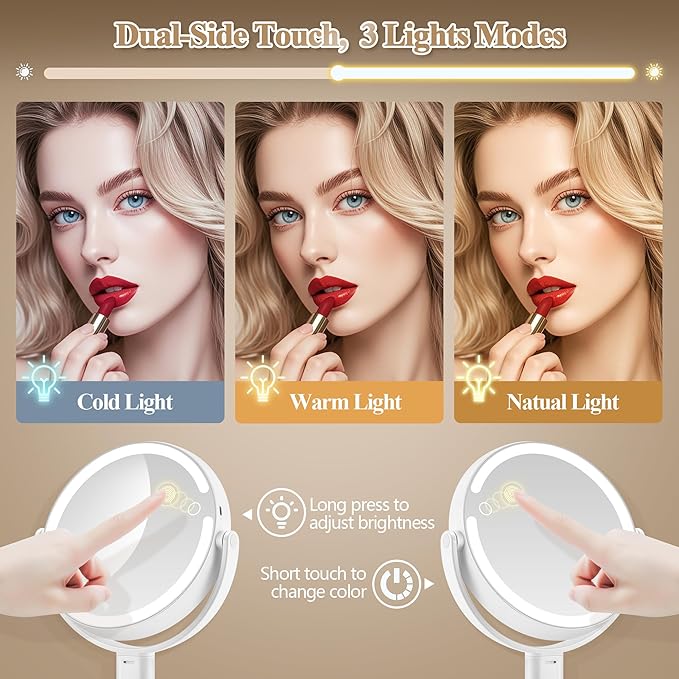Makeup Mirror with Lights, Double Sided 1x/30x Magnifying Mirror with Light, Rechargeable 3 Color Lights and Adjustable Brightness, 360° Rotation Detachable Comes with Tweezer(Ivory)