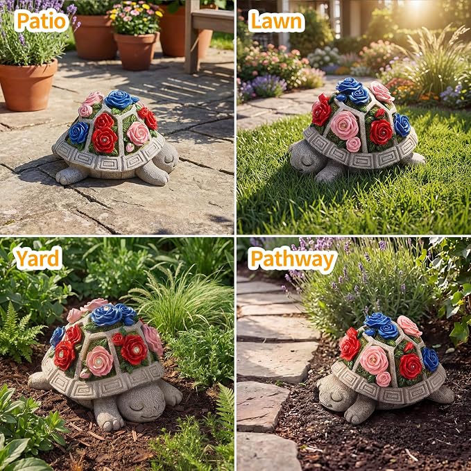 Solar Garden Decor Outdoor Turtle Statue with Multi-Color Rose Flowers & 7 LED Lights – Outside Tortoise Decoration for Lawn Yard Patio Backyard - Home House Art - Gift for Men Dad Women Mom