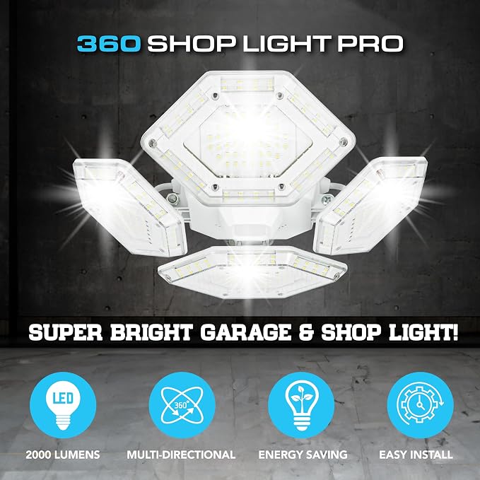 QUADBURST SHOPLIGHT PRO 360 LED - 8000 Lumens, 60 Watts - Bright Garage Light, Adjustable Panels Ceiling Fixture, Energy Saving LED Lighting for Workshop, Basement & Home improvement - As Seen on TV