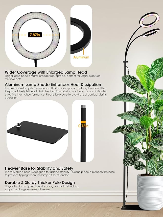 48W Grow Lights for Indoor Plants, Full Spectrum LED Plant Light with Stand | Dimmable, 3 Lighting Modes, 23"-79" Adjustable Height, Plant Growing Lamp with 3/9/12/16H Timer, Black Dual Heads Floor Lamp