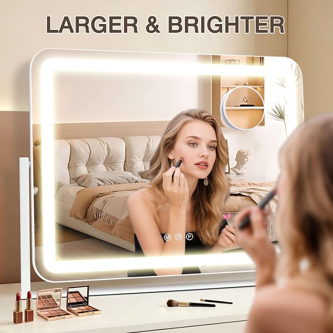 Vanity Mirror with Lights, 22"×17" LED Makeup Mirror | Smart Touch Control, Dimmable 3-Color Modes, Memory Function, 10X Magnifying Mirror, for Desk, Bedroom, Dressing