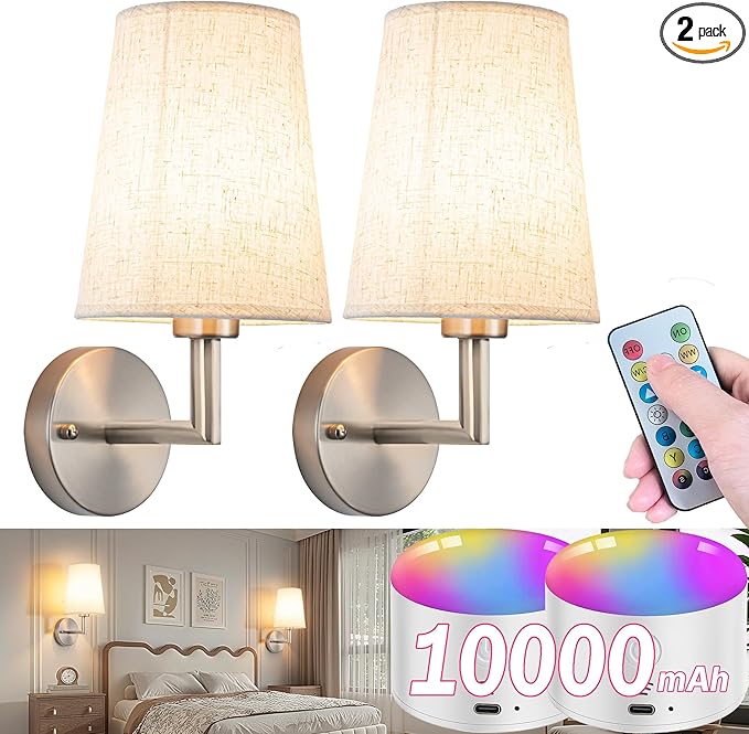 Wall Sconce Battery Operated Wall Light Fixure with Remote Control, Dimmable Battery Operated Wall Sconces Set of Two, Indoor Wireless Wall Mounted Lamp with Rechargable Bulb for Bedroom Living Room