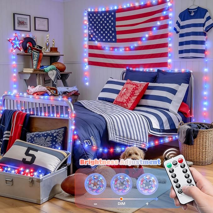 JMEXSUSS 100 LED Red White and Blue Fairy Lights for 4th of July Decor | 33ft USB Fairy Lights Plug in, 4th of July Lights for Indoor Outdoor Home Car Patriotic Memorial Independence Day Decorations