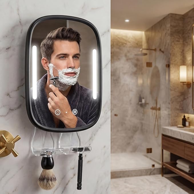 Anti-Fog Shower Mirror for Shaving - Rechargeable Lighted Fogless Mirror with Adjustable, Heated Bathroom Mirror with 2 Razor Hooks & 4 Adhesive Wall Mounts, Grooming Gift for Men (Black)