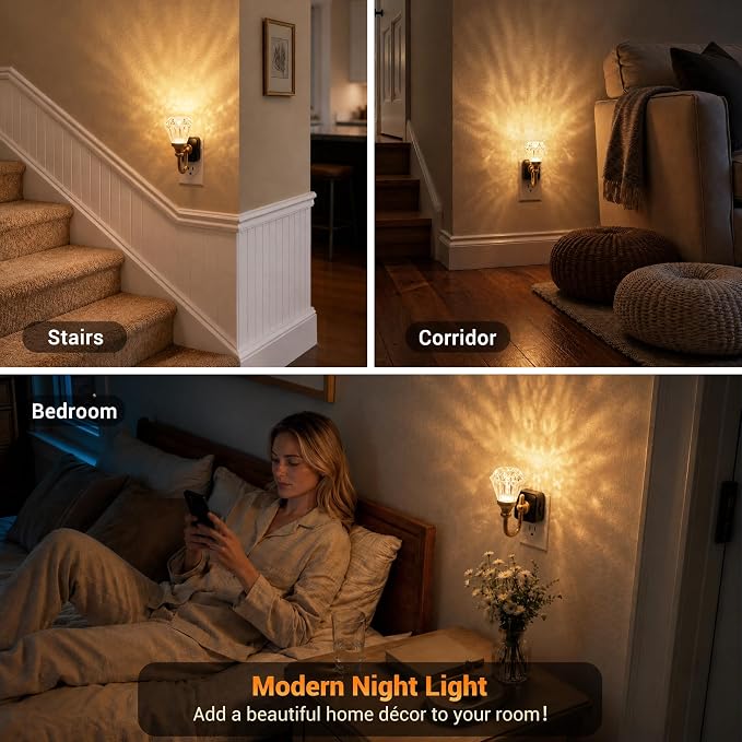 JandCase Night Light, Night Lights Plug into Wall, Crystal LED Nightlight | 0-100 LM Dimmable Nightlights, Dusk to Dawn Sensor, 1W Vintage Rotatable Nite Light for Bathroom Hallway Decor, 2 Pack