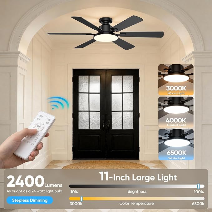 52'' Ceiling Fan with Light Remote/APP Control for Living Room | 6 Blades Dual-Finish, 6 Speeds, MAX 5600 CFM, 3CCT Dimmable LED, All Metal Body, Memory Function, Quiet Reversible DC Motor