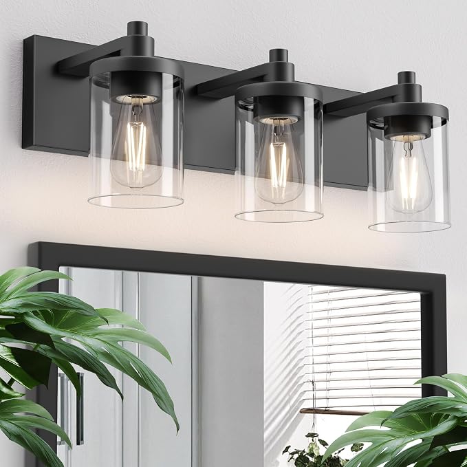 Bathroom Vanity Light, 3 Light Matte Black Vanity Light Fixture with Clear Glass Shade, 22 in Modern＆Farmhous Vanity Lights, Bathroom Light Fixtures Over Mirror for Bathrooms, Livingroom