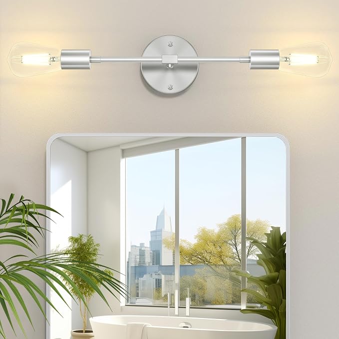 FadimiKoo 2-Light Brushed Nickel Vanity Lights for Bathroom, Silver Bathroom Lighting Fixtures Over Mirror, Modern Indoor Wall Sconce Lighting for Bedroom Living Room Kitchen (1 Pack)