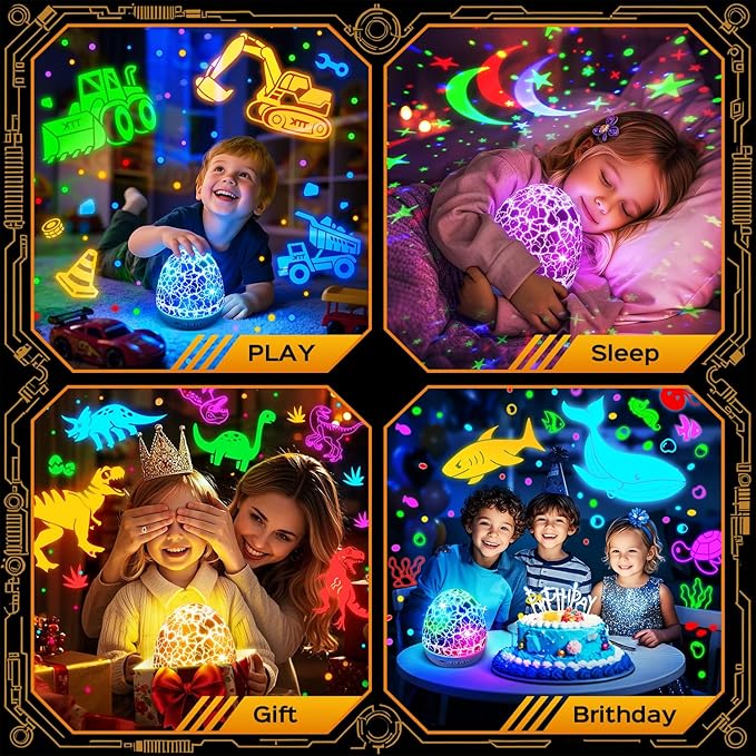 PIKOY Excavator Toys for Boys 3-5【15 Sounds & 6 Films】 Kids Construction Toys Truck Night Light [31 Colors & Remote Control] Dinosaur Egg Light for Nursery Toddler Boys Kids Gifts Easter Eggs Gifts