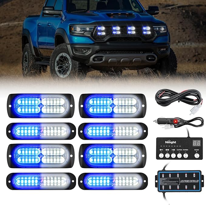 Nilight 8PCS Led Strobe Lights with Controller 12V 24V Sync Feature Blue White Emergency Hazard Warning Light 12 24 LED Surface Mount for Vehicle Car Truck RV ATV