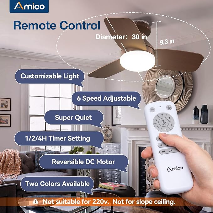 Amico 30 Inch Brown Low Profile Ceiling Fans with Lights and Remote | Flush mount, 3-color dimmable light, quiet reversible DC motor, easy install, memory, timer, bedroom, covered outdoor areas