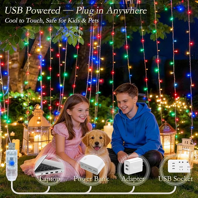 Curtain String Lights Indoor, 200LED 6.6 * 6.6FT USB Plug-in Window Curtain Lights with Timer and 8 Modes, Waterproof Multicolor Curtain Fairy Lights for Bedroom Room Wedding Outdoor Decor
